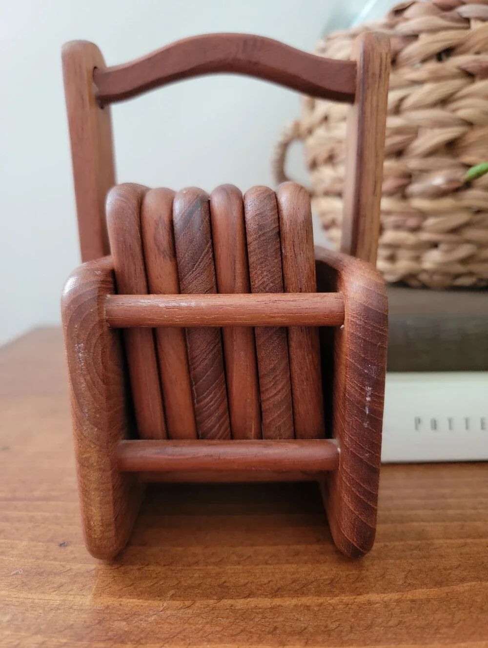 Vintage MCM Dolphin Teakwood 6 Piece Coaster Set & Caddy Mid-Century Modern